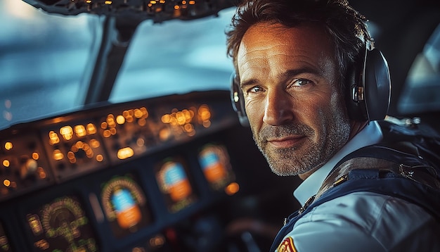 Professional Pilot in Airplane Cockpit Focused Portrait