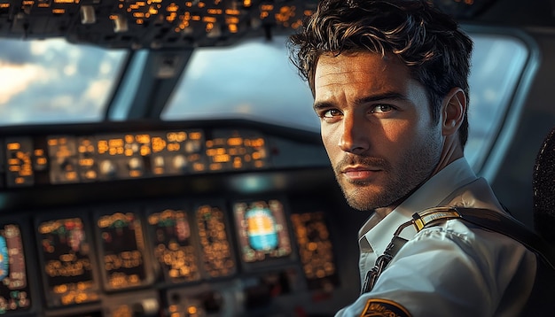 Professional Pilot in Airplane Cockpit Focused Portrait