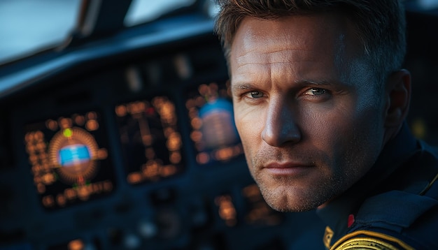 Professional Pilot in Airplane Cockpit Focused Portrait