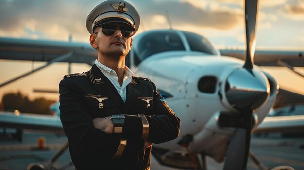 Photo professional pilot standing proudly aircraft background