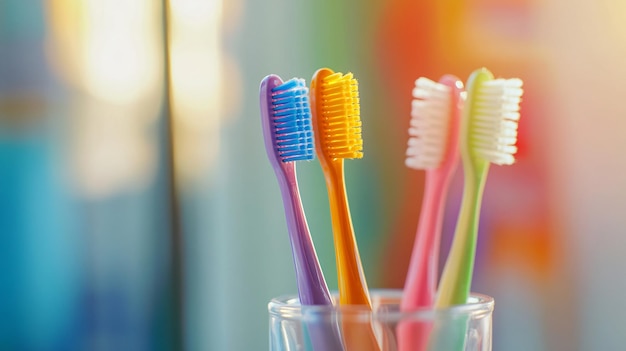 Professional Plastic Toothbrushes in Holder Against Blurred Background