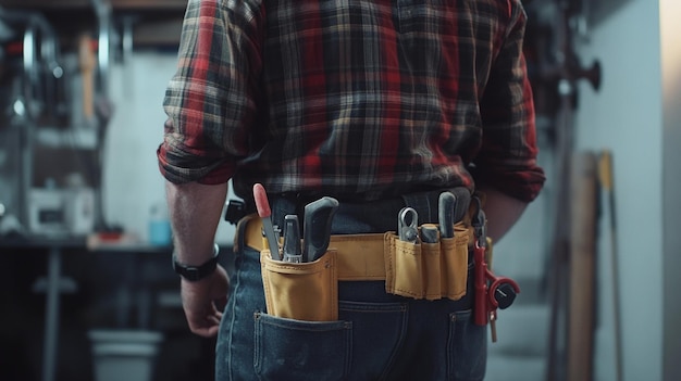 Photo professional plumber in a tool belt carefully inspecting pipes for maintenance and repair tasks