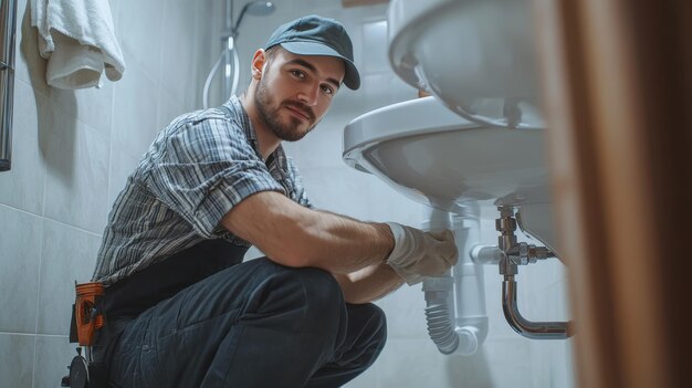 Photo professional plumber in uniform fixing white pipes under sink in bathroom for home maintenance