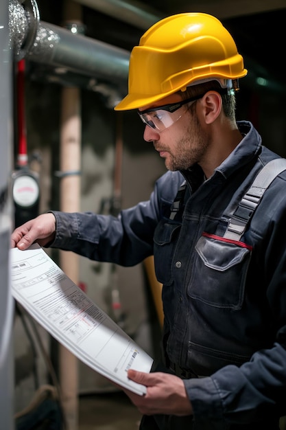 Photo a professional plumber wearing safety gear checking and adjusting a water heater installation in a residential basement