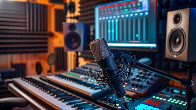 A professional podcast studio setup includes a microphone mixer keyboard and monitors