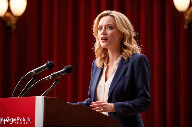 Photo professional politician woman giving a speech on a podium announcement to audience in conference