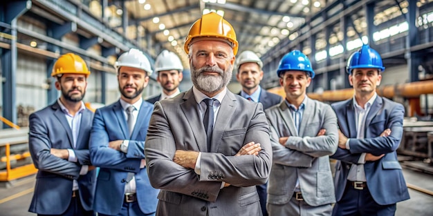 Photo professional portrait of confident manager and steel worker team in factory setting