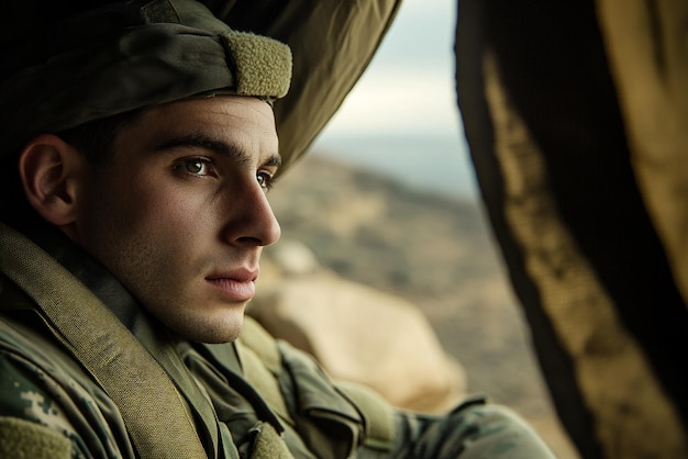 Professional Portrait of an Israeli Soldier in Tactical Gear with an Urban Background