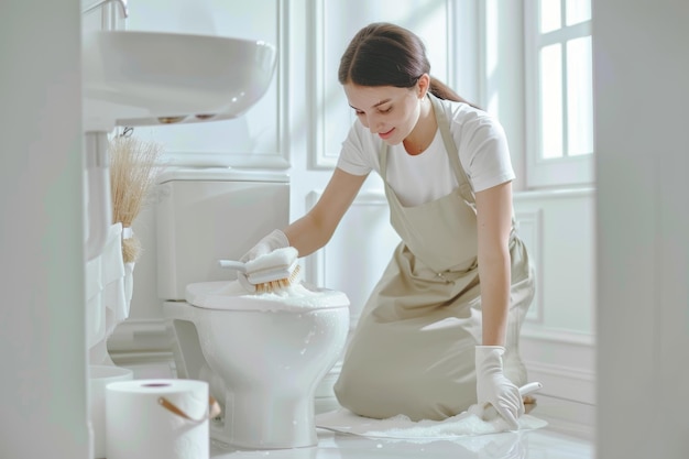 Professional product advertising woman in apron cleaning toilet with brush in bright white bathroom