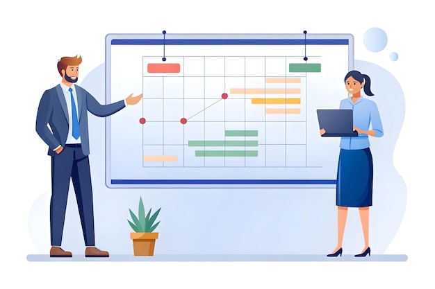 Professional Project Manager Presenting Timeline to Client Smart Business Concept in Flat Vector I