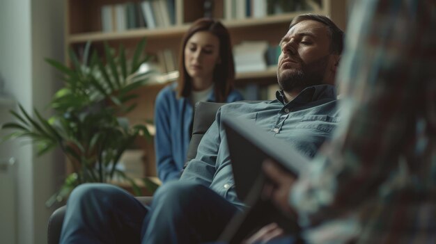 Photo professional psychotherapist working with patient in office closeup