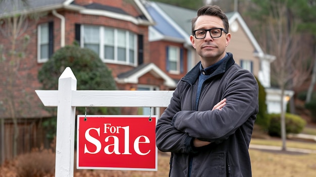 Photo professional real estate agent in suit stands next to for sale sign house is visible on background