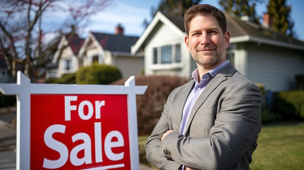 Photo professional real estate agent in suit stands next to for sale sign house is visible on background