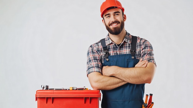 Photo professional repairman with tool box on white background