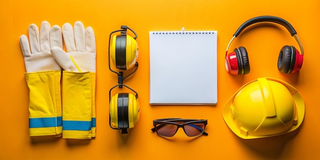 Photo professional safety equipment flat lay composition with copy space on colorful background