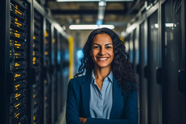 A professional shot of a female IT professional in a server room managing complex networks