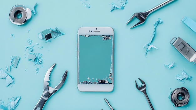 Photo professional smartphone repair tools on light blue background