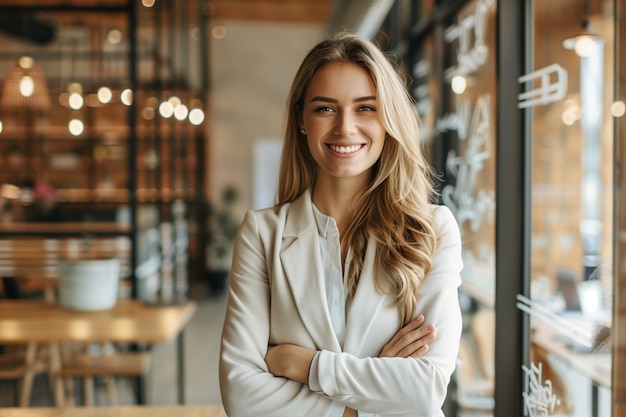 Photo professional smiling businesswoman with arms crossed in modern office setting