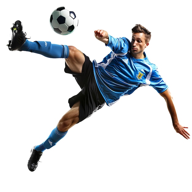 Professional soccer player in blue jersey kicking the ball with his right foot