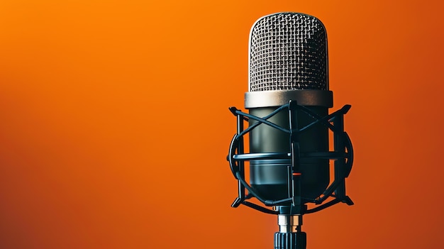 Professional studio microphone isolated on orange background Broadcasting recording podcasting concept