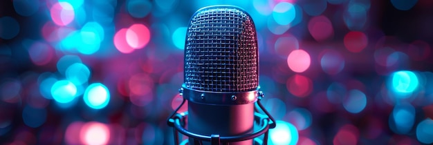 Professional Studio Microphone With Blurry Background of Lights