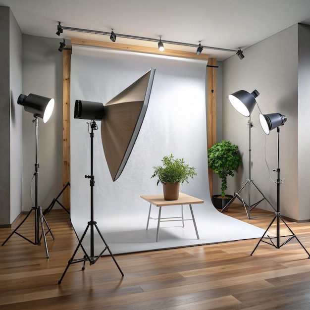 Professional Studio Photography Setup With Lighting Equipment and Backdrop Generative AI