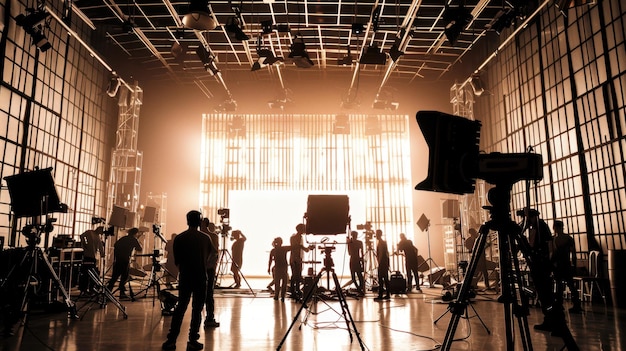 Professional studio production set for commercial video filmmaking The scene captures the silhouette of a big working crew behind a television camera and motion picture equipment The studio is