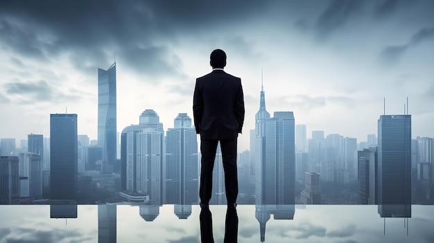 Professional successful businessman standing in the top of the skyscraper building