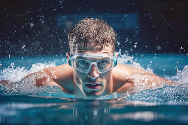 A professional swimmer in action slicing through the water with precision and speed in a pool Goggles and determination define this athletic pursuit