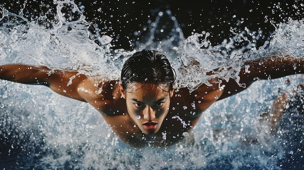 Professional Swimmer in MidButterfly Stroke with Water Splashing and Intense Focus