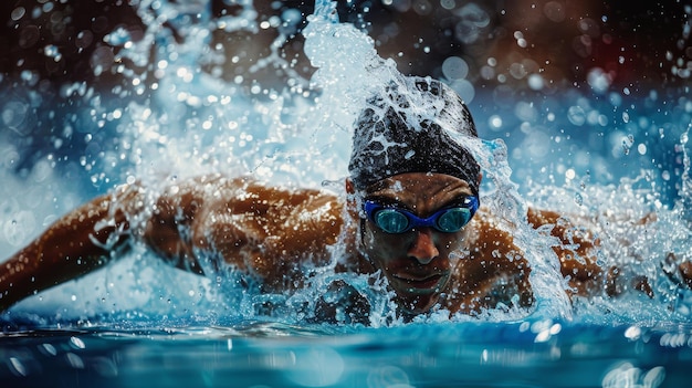 Professional Swimmer in MidButterfly Stroke with Water Splashing and Intense Focus