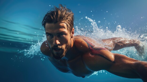 Professional swimmer in open water sideview male swimming freestyle showing his muscles side view