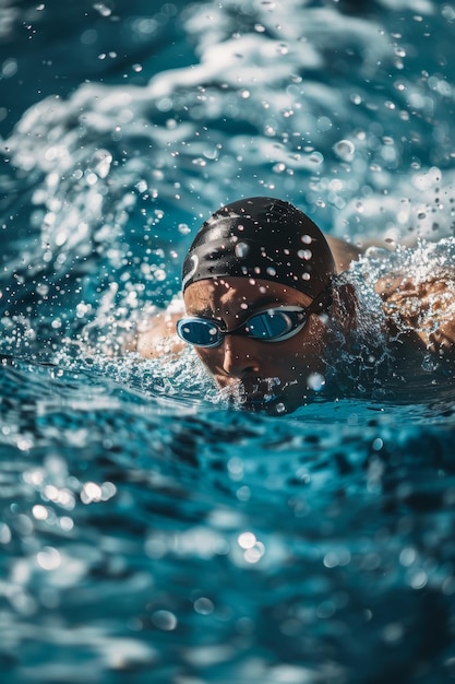 Professional Swimmer Training in Crystal Clear Pool Waters Focused and Determined Ideal for Sports Posters and Designs