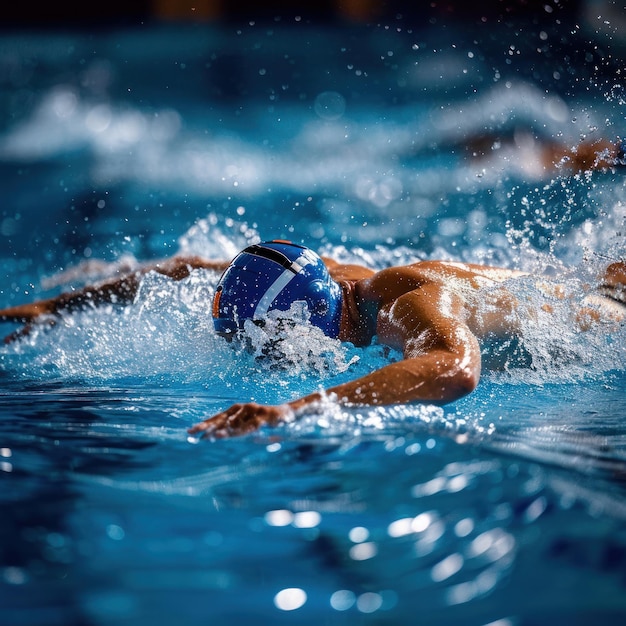 Professional swimming athletes compete in the water of a diving pool to win the championship