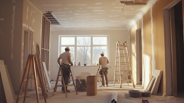 Professional team doing remodeling work in a building for converting old office to new design