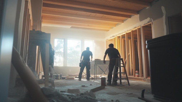 Professional team doing remodeling work in a building for converting old office to new design