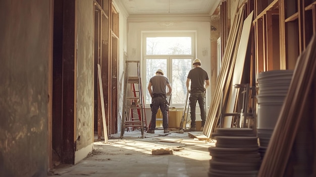 Professional team doing remodeling work in a building for converting old office to new design