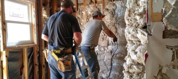 Photo professional team installing blownin cellulose insulation in walls of older home renovation project