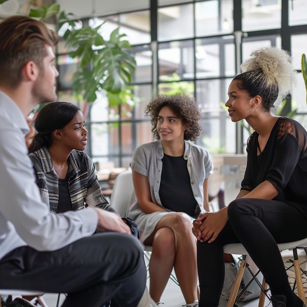 Photo professional teamwork diverse colleagues strategizing in a contemporary workspace