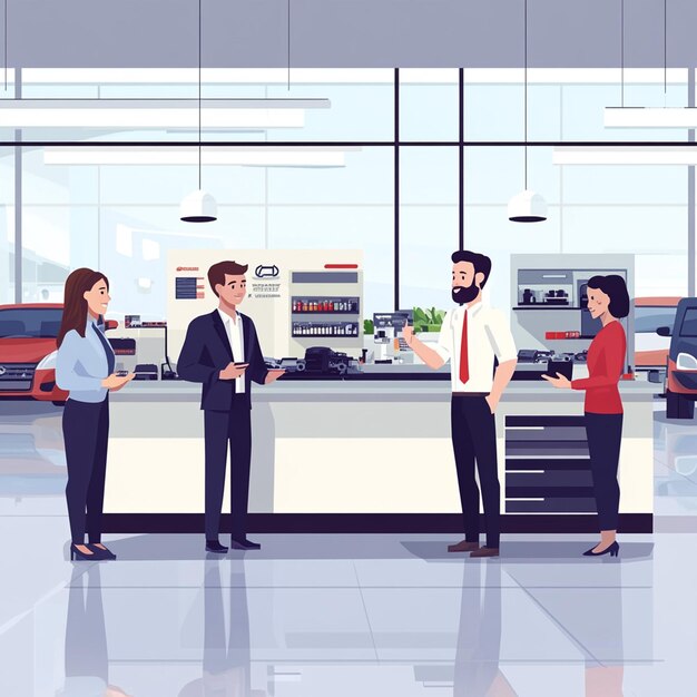 Professional Teamwork Flat Illustration of Happy Staff in a Modern Car Dealership