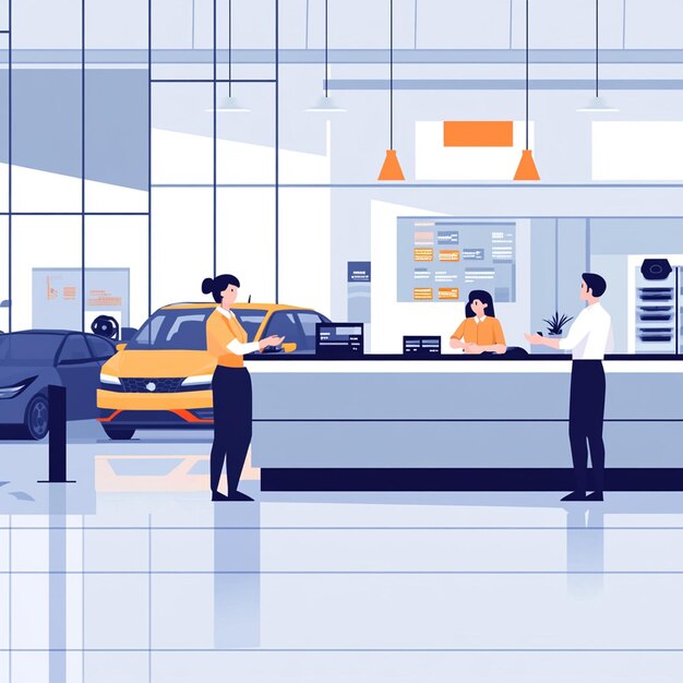 Professional Teamwork Flat Illustration of Happy Staff in a Modern Car Dealership