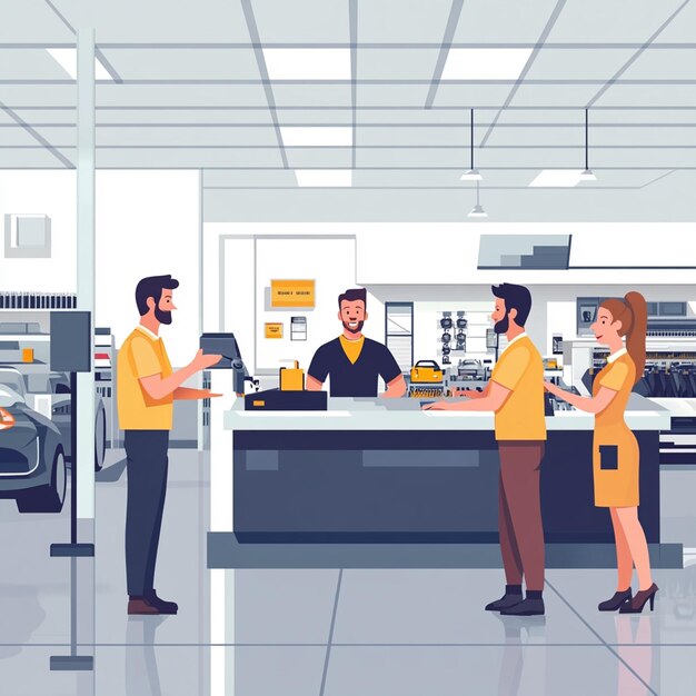 Professional Teamwork Flat Illustration of Happy Staff in a Modern Car Dealership