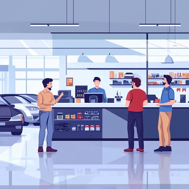 Professional Teamwork Flat Illustration of Happy Staff in a Modern Car Dealership