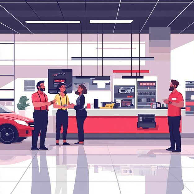 Professional Teamwork Flat Illustration of Happy Staff in a Modern Car Dealership