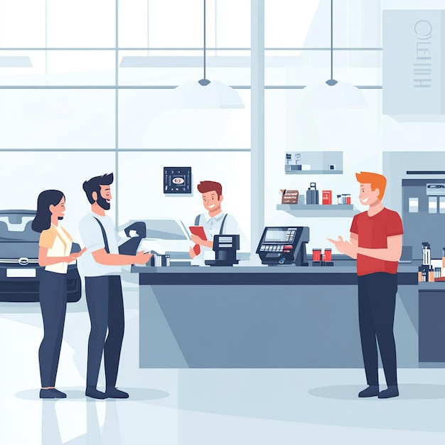 Professional Teamwork Flat Illustration of Happy Staff in a Modern Car Dealership