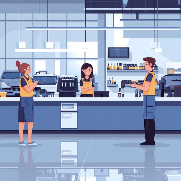 Professional Teamwork Flat Illustration of Happy Staff in a Modern Car Dealership