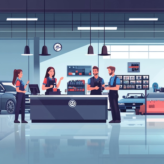 Professional Teamwork Flat Illustration of Happy Staff in a Modern Car Dealership