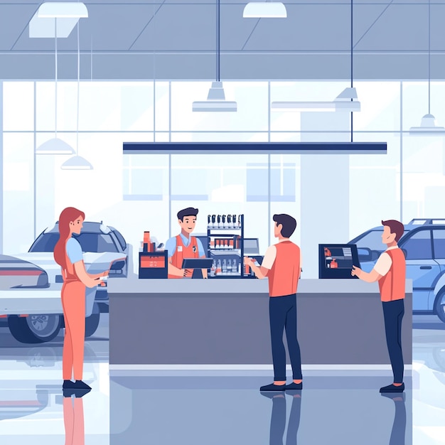 Professional Teamwork Flat Illustration of Happy Staff in a Modern Car Dealership