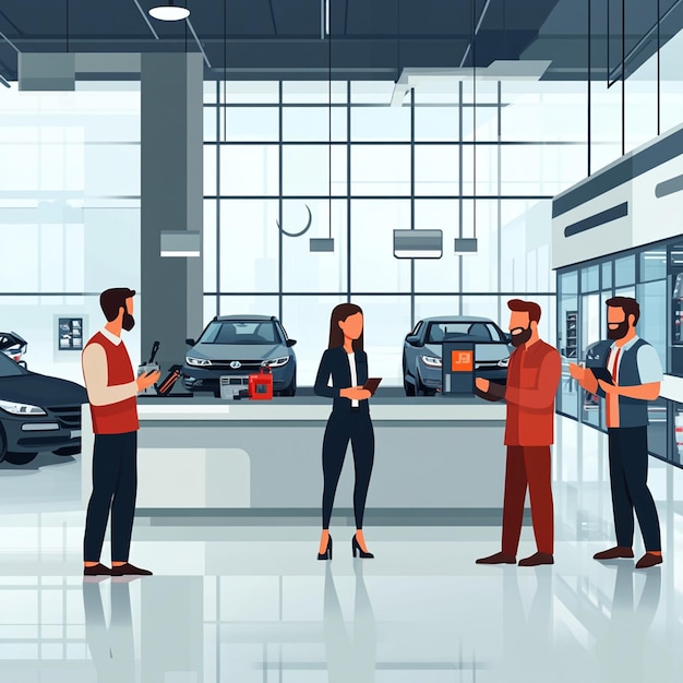 Photo professional teamwork flat illustration of happy staff in a modern car dealership