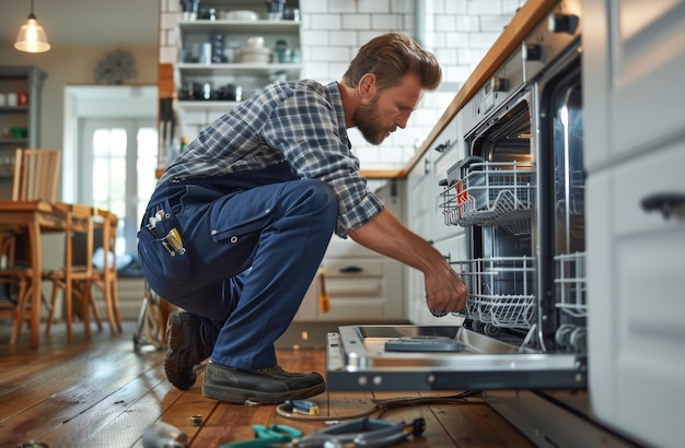 Photo professional technician repairing dishwasher in modern kitchen home appliance maintenance service